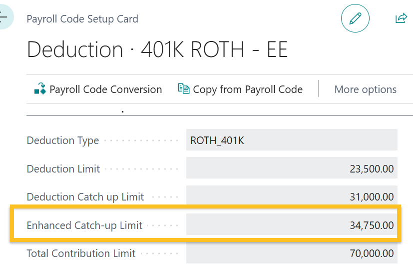 Payroll Code Setup Card page Enhanced Catch-up Limit field