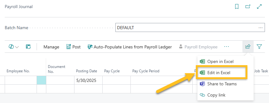 Payroll Journal page Edit in Excel action