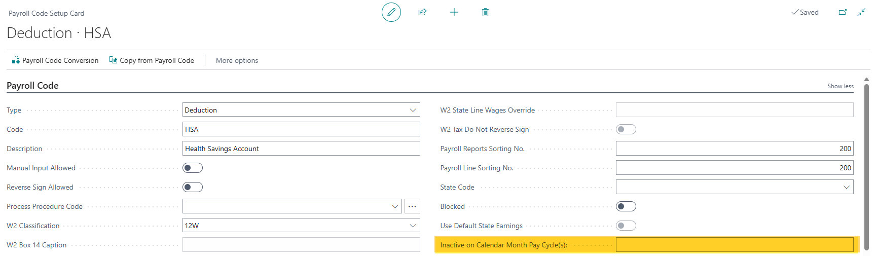 Payroll Code Setup Card page Inactive on Calendar Month pay Cycle(s) field