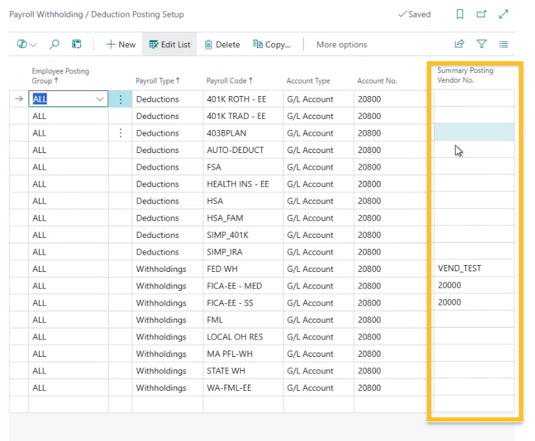 Payroll Withholding / Deduction Posting Setup page
