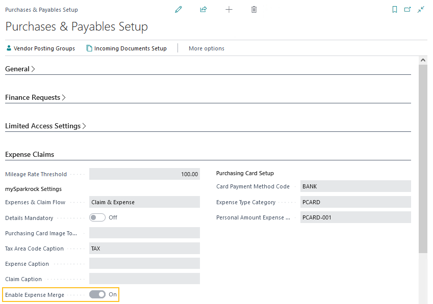 Purchases & Payables Setup page Enable Expense Merge field