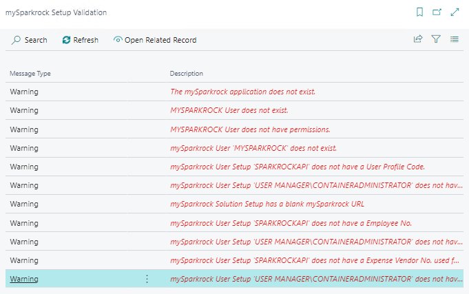 mySparkrock Setup Validation page