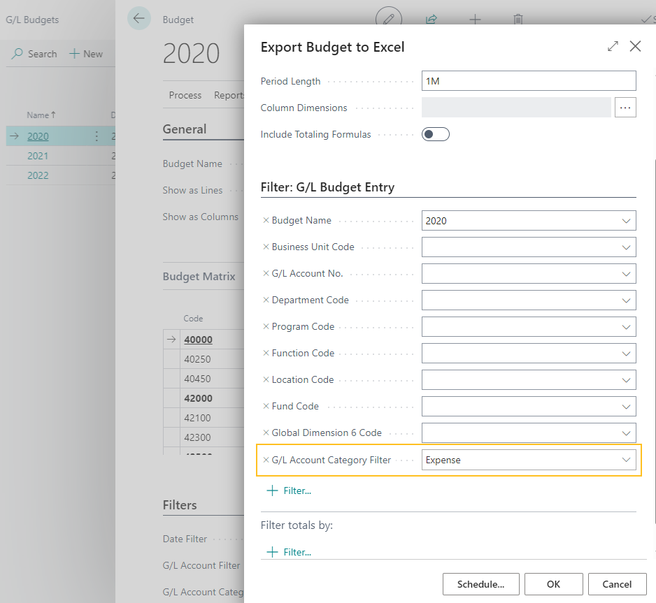 Export Budget to Excel page G/L Account Category Filter field
