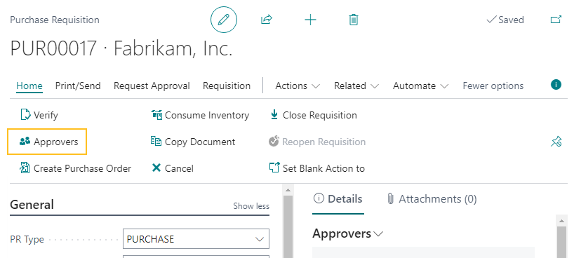 Purchase Requisition page Approvers action
