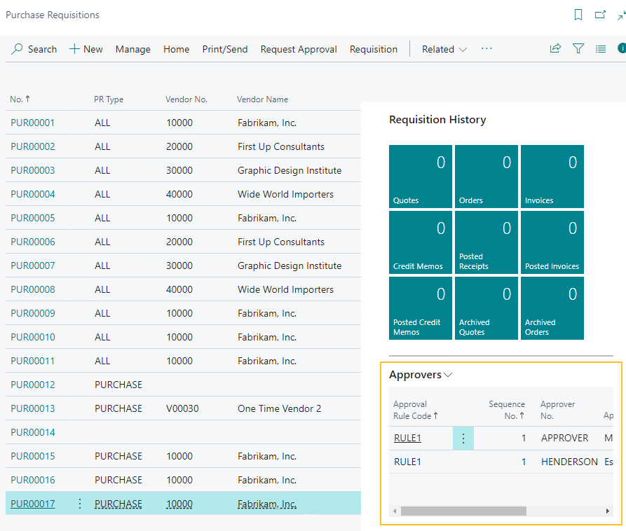 Purchase Requisitions page Approvers FactBox