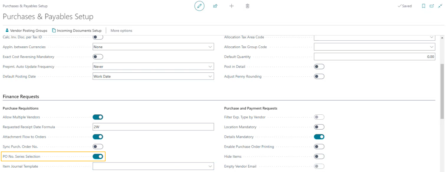 Purchases & Payables Setup page PO No. Series Selection field