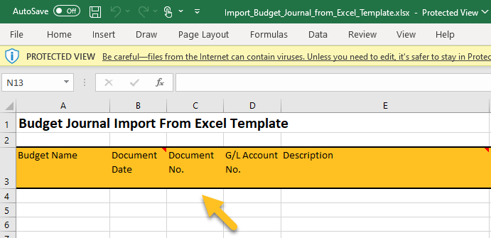 Budget journal import templates Document No. column