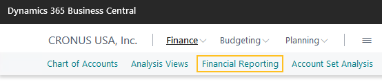 Budgeting Administrator role center Financial Reporting menu option