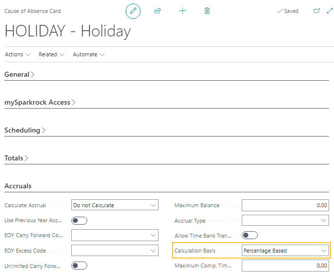 Cause of Absence Card page Calculation Basis field