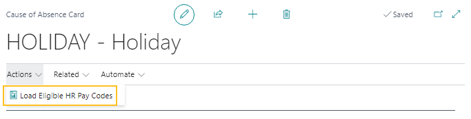 Cause of Absence Card page Load Eligible HR pay Codes action