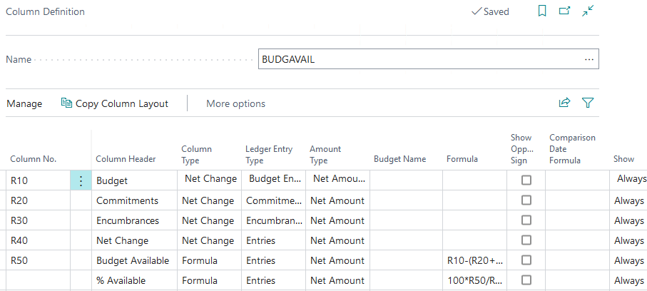 Column Definition page BUDGAVAIL