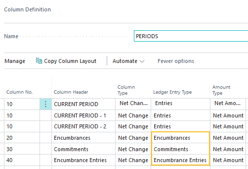 Column Definition page new ledger entry types