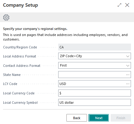 Company Setup Regional Settings