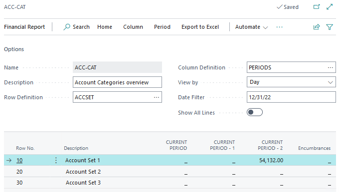 Financial Report page display account sets as rows