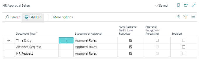 HR Approval Setup page Auto Approve Back Office Requests field