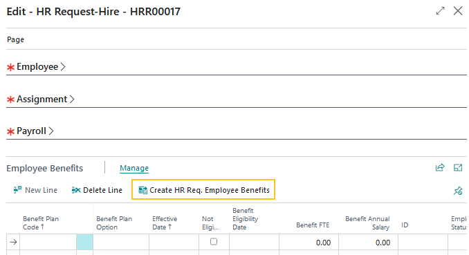 HR request details page Create Employee Benefits action