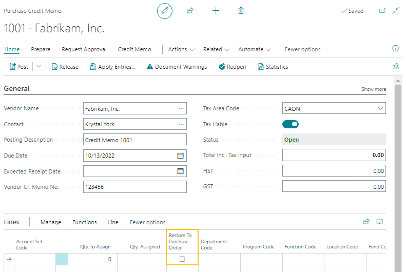 Purchase Credit Memo page Restore to TPurchase Order field