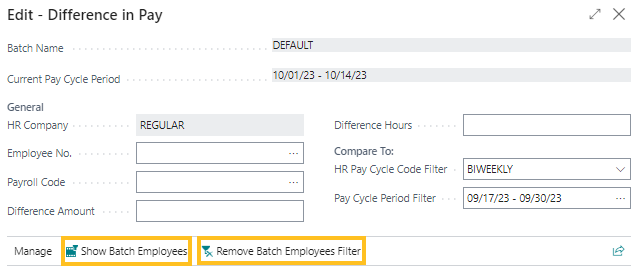 Difference in Pay page Show Batch Employees and Remove Batch Employees Filter actions