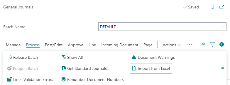 General Journals page Import from Excel action