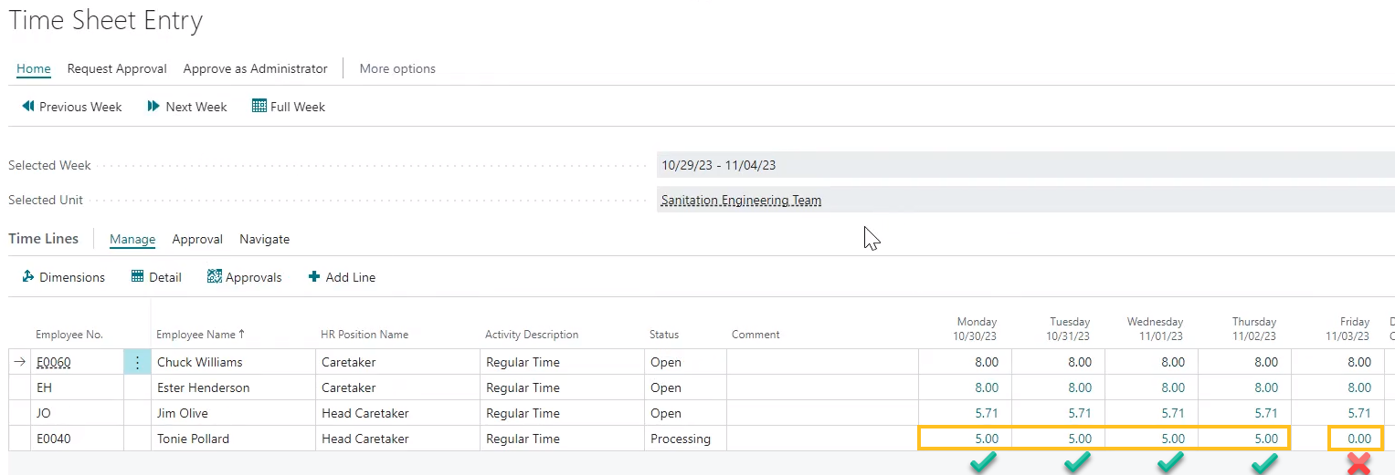 Time Sheet Entry page Hours Entry End Date field example