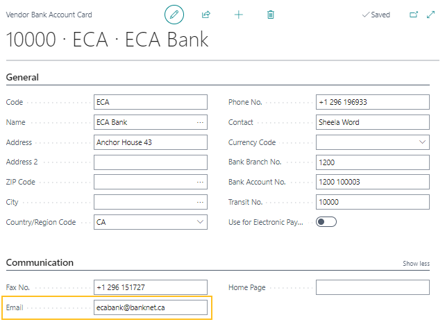 Vendor Bank Account Card page Email field
