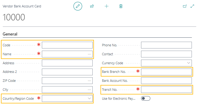 Vendor Bank Account Card page mandatory fields