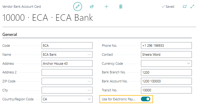 Vendor Bank Account Card page Use for Electronic Payments field