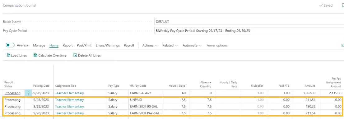 Compensation Journal page Absence Lines