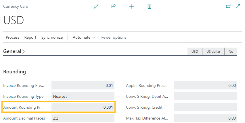 Currency Card page Amount Rounding Precision field