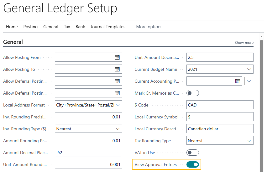 General Ledger Setup page View Approval Entries field
