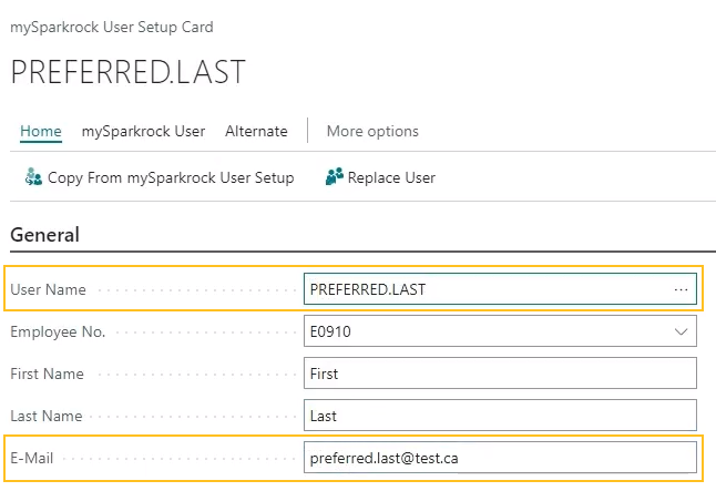 mySparkrock User Setup Card page User Name and E-mail fields