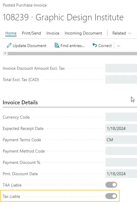 Posted Purchase Invoice page T4A Liable field on Invoice Details FastTab