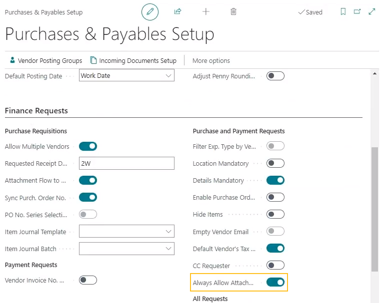 Purchases & Payables Setup page Always Allow Attachments field