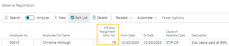 Absence Registration page HR Emp. Assignment Entry No. field