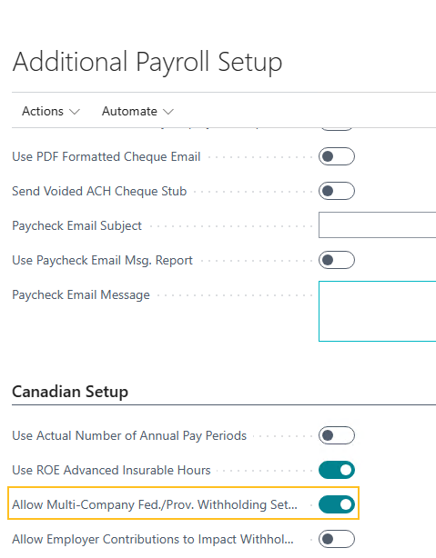 Additional Payroll Setup page Allow Multi-Company Fed./Prov. Withholding Setup field