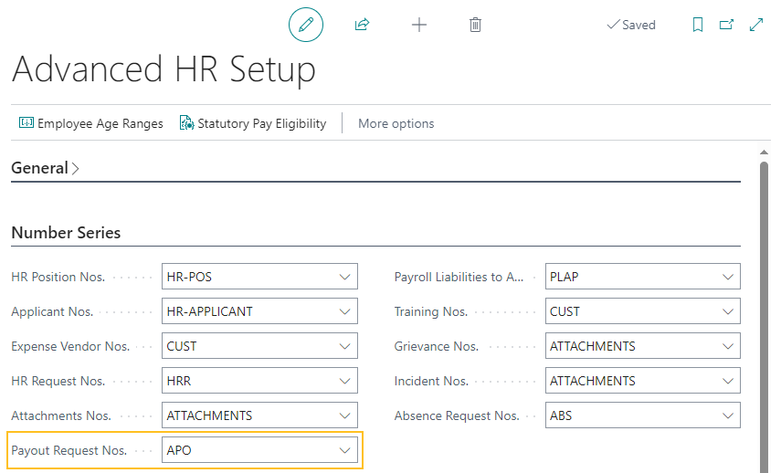 Advance HR Setup page Payout Request Nos. field