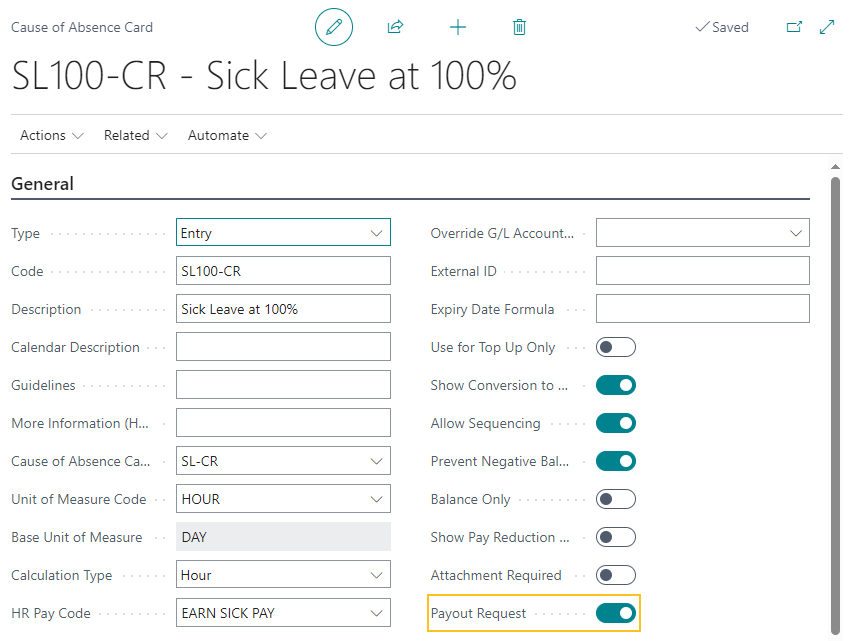 Cause of Absence Card page Payout Request field