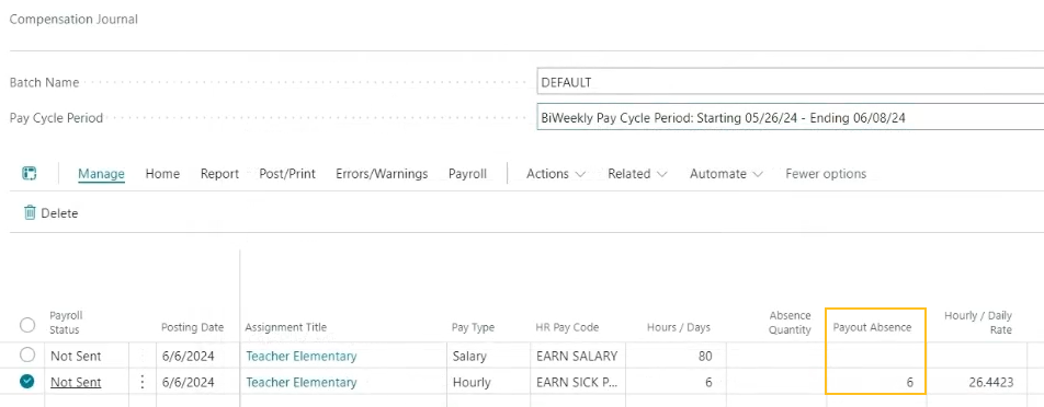 Compensation Journal page Payout Absence field