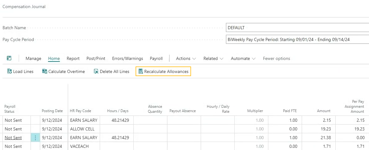 Compensation Journal page Recalculate Allowances action