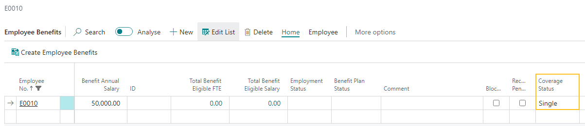 Employee Benefits page Coverage Status field