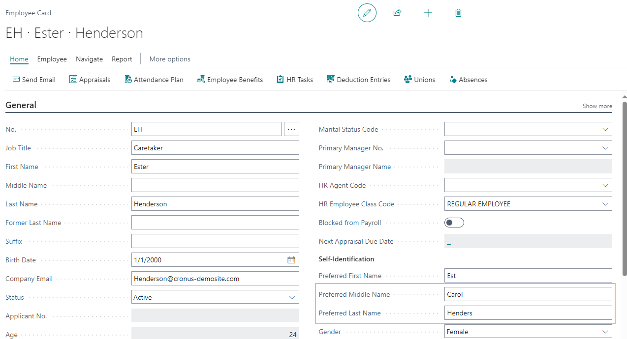 Employee Card page Preferred Middle Name and Preferred Last Name fields