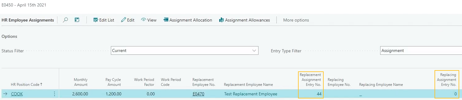 HR Request Hire page Replacement Assignment Entry No. and Replacing Assignment Entry No. fields