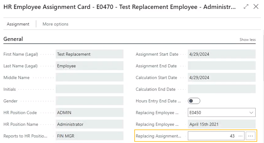 HR Employee Assignment Card page Replacing Assignment Entry No. field