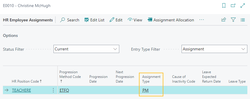 HR Employee Assignments page Assignment Type field
