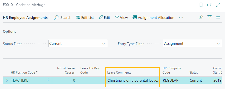 HR Employee Assignments page Leave Comments field