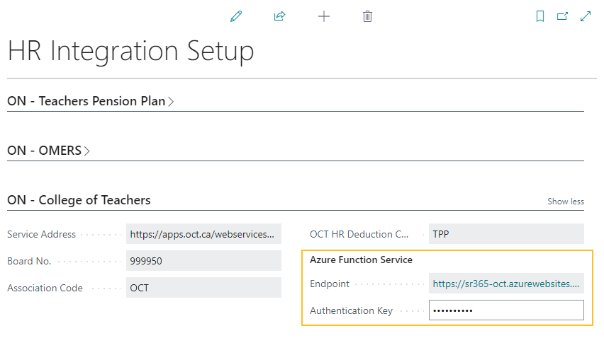 HR Integration Setup page Azure Function Service section