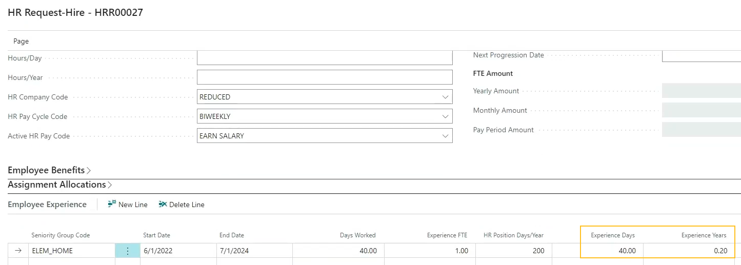 HR Request-Hire page Experience Days and Experience Years fields