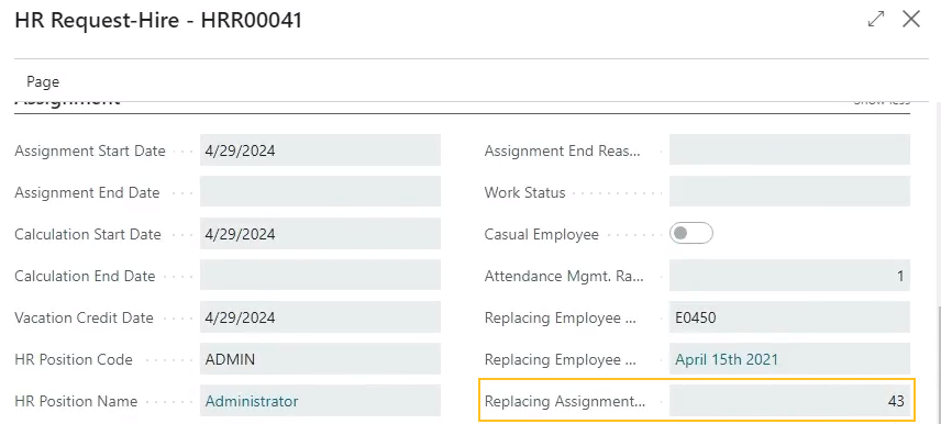 HR Request-Hire page Replacing Assignment Entry No. field