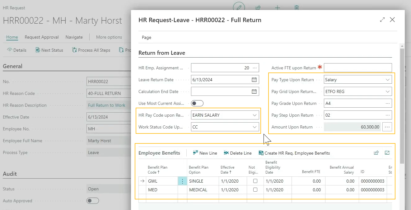 HR Request Leave - Full Return page automatically populated fields