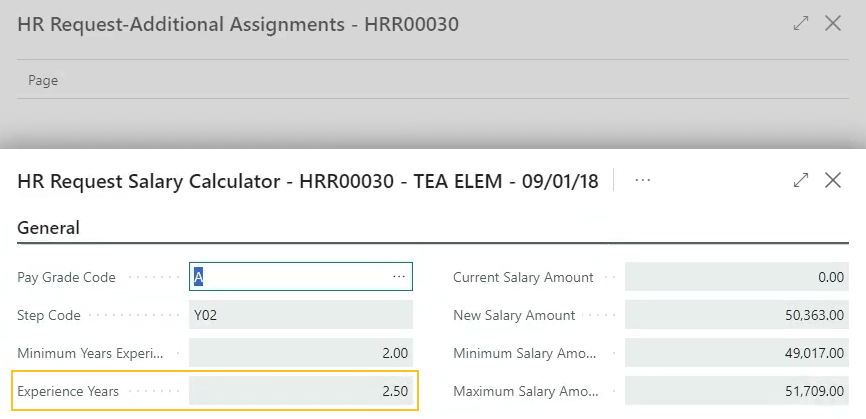 HR Request Salary Calculator page Experience Years fields